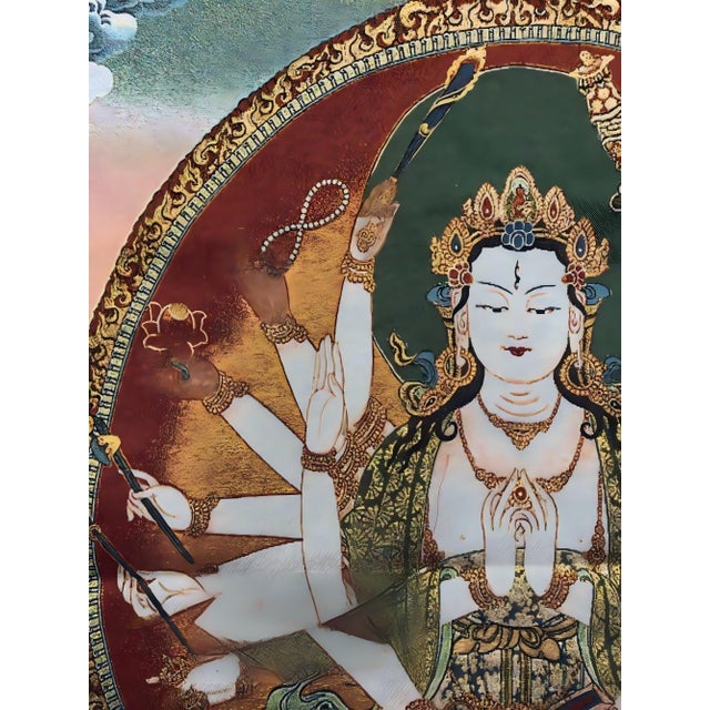 Mid 20th Century Xizang Embroidery and Brocade Thangka Buddha Painting - Wrathful Deity Protector Wall Art - Hand Painted Buddhist Sacred Scroll For Sale - Image 4 of 6