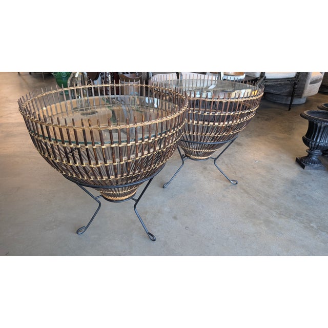 1960s Mid-Century Franco Albini Style Rattan, Iron & Glass Fish Trap Side Tables - A Pair For Sale - Image 13 of 14
