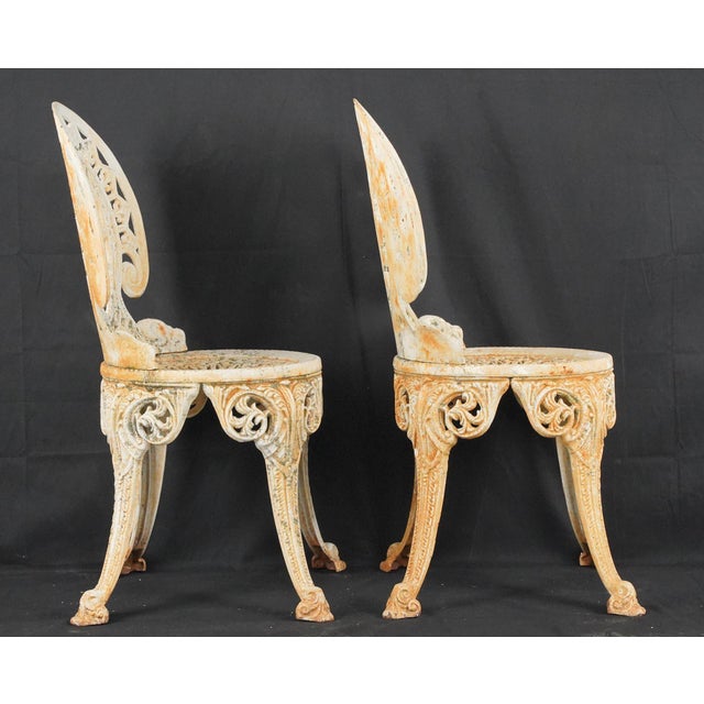 Metal Early 20th Century Set of 4 Victorian White Cast Iron Garden Chairs For Sale - Image 7 of 9