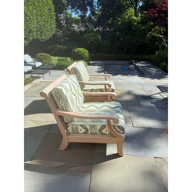 4 Teak Club Chairs With Seat and Back Cushions in Quadrille China Seas Bali Hai in Green For Sale In Chicago - Image 6 of 14