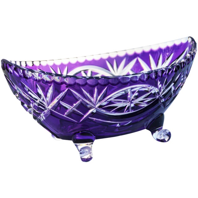 Rustic European Amethyst Purple Crystal-Cut Footed Bowl For Sale - Image 3 of 8