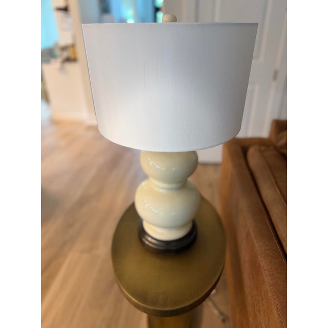 Cream Pottery Barn Double Gourd Cream Ceramic Table Lamp 26”x9” With 15”White Drum Shade For Sale - Image 8 of 8