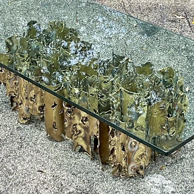 Metal 1970s Vintage Brutalist Signed Silas Seandel “Cathedral” Torch Cut Brass Coffee Table For Sale - Image 7 of 11