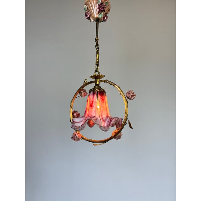 ⁠1970s Vintage Italian Pink Murano Ruffled Glass and Ceramic Rose Chandelier⁠ For Sale - Image 17 of 17