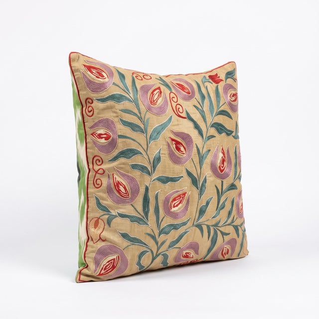 Folk Art Contemporary Outpost Original Mauve Embroidered Suzani Pillow For Sale - Image 3 of 6