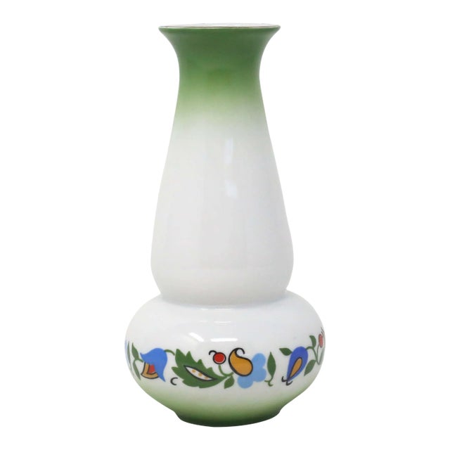 1950's Floral Green and White Porcelain Vase by Lubiana Poland For Sale
