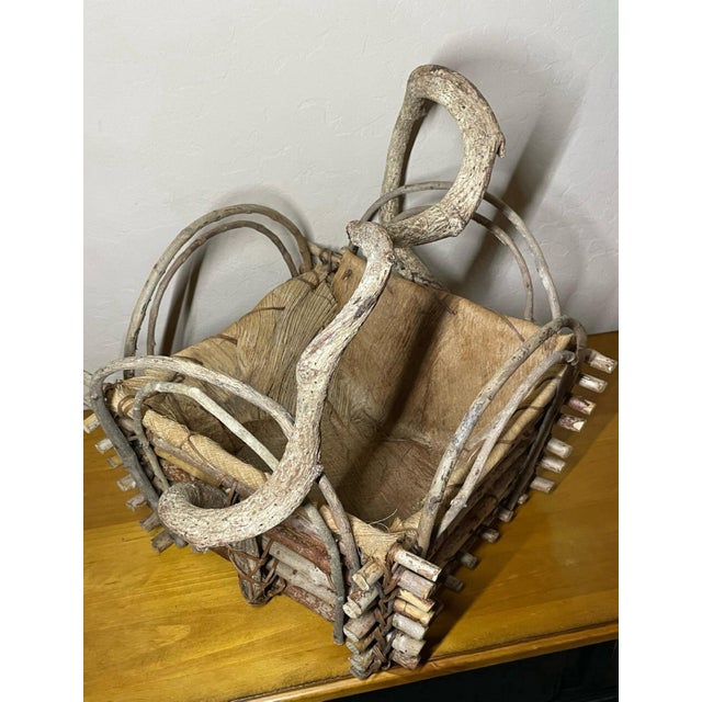 Handmade Woven Twig & Palm Husk Basket Freeform Branch Handle For Sale - Image 9 of 12