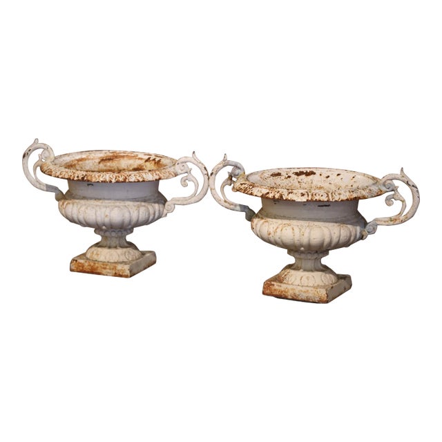 19th Century French Painted Weathered Iron Garden Urn Planters - Set of 2 For Sale