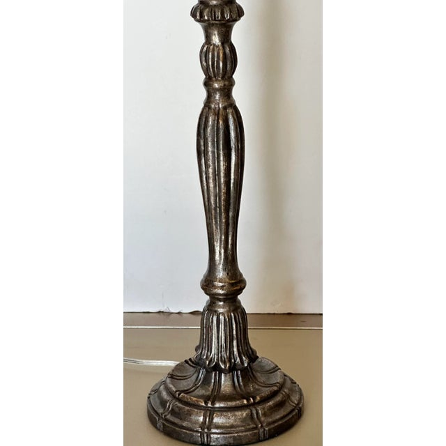 Pair of 18th C Style Panache Candlestick Table Lamps. Each in elegant white gold giltwood. Measurements below including...