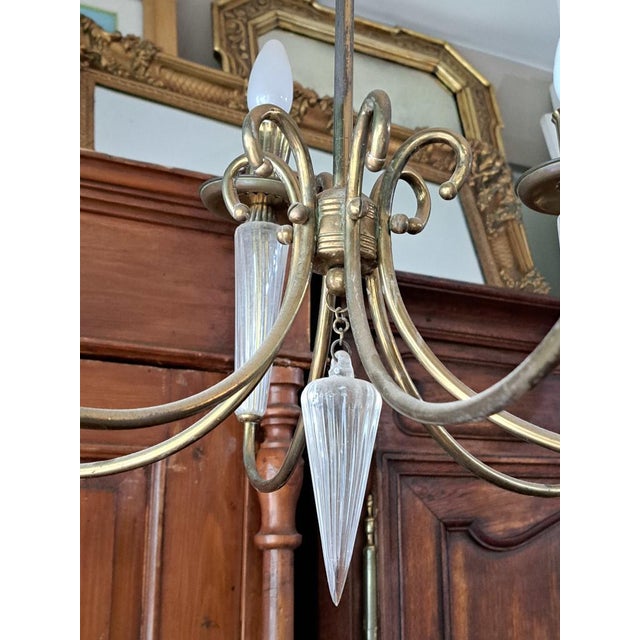 Vintage Glass and Brass Chandelier, 1970s For Sale - Image 5 of 7