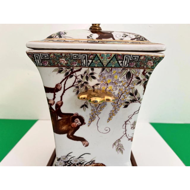 1950s Porcelain Monkeys Jar Lamp & Shade For Sale - Image 13 of 18