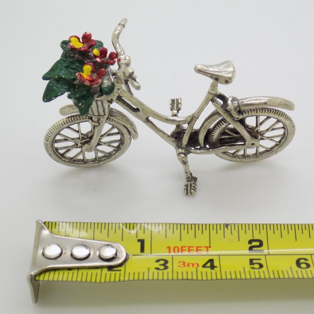 Vintage Italian Handmade Genuine Silver Bicycle With Flower Basket Figurine, Dollhouse Miniature, Made in Tuscany (Arezzo) For Sale - Image 9 of 9