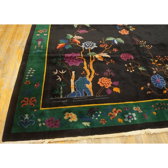 1920s Black Floral Modernist Antique Chinese Art Deco Rug 10' X 13' 6" Knotted Wool Carpet For Sale In New York - Image 6 of 12