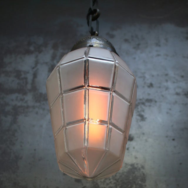French Art Deco Brass Frosted Cut Glass Pendant Light, 1920s For Sale - Image 3 of 10