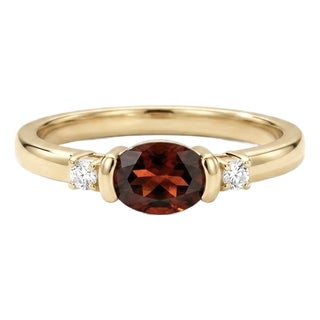 18k Gold Plated East-West Oval Garnet & Diamond Three-Stone Ring Us 7 For Sale