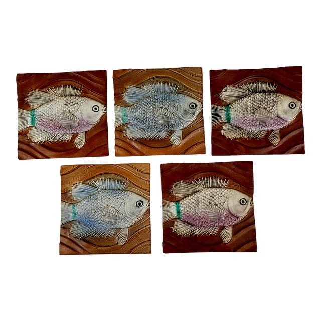 Set of 5 Natalie Surving Studios Fish Design Architectural Ceramic Tiles For Sale