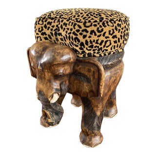 Hand Carved Upholstered Wooden Elephant Footstool Ottoman For Sale