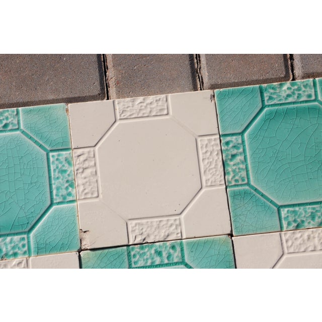 Art Deco Set of Seven Large Portuguese Glazed Tiles Mint Green & White Geometric Design c.1910s For Sale - Image 4 of 13