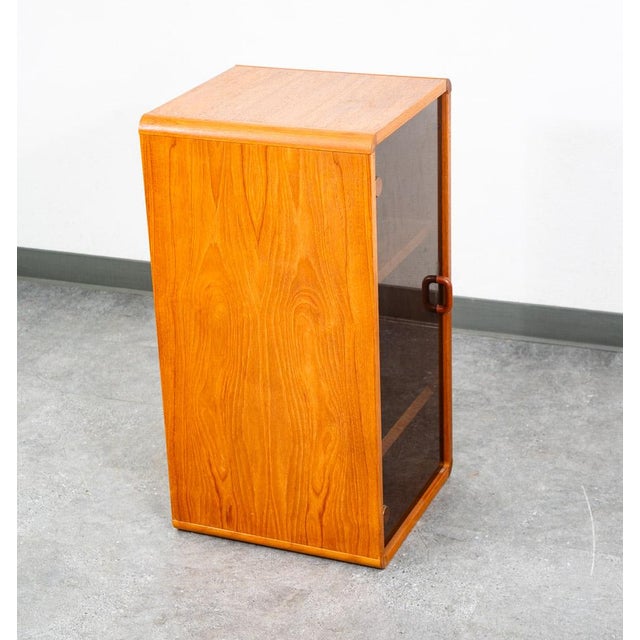Wood Mid Century Modern Compact Cabinet Teak Smoked Glass MCM Media Lights Vintage For Sale - Image 7 of 9
