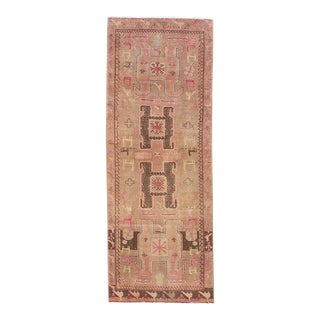 1960s Vintage Distressed Handmade Pink Geometric Wool Runner For Sale