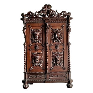 Vintage Boho Black Forest Carved Oak Armoire For Sale
