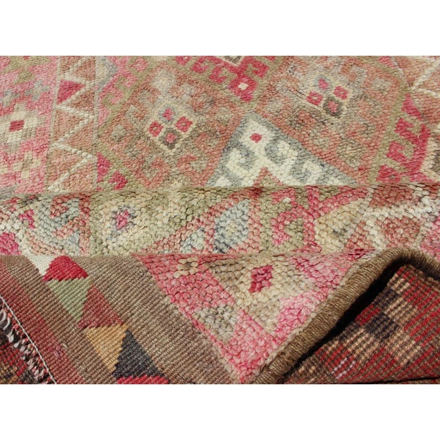 Geometric Kurdish Design Vintage Runner From Turkey in Pink, Red & Green Colors For Sale - Image 10 of 12