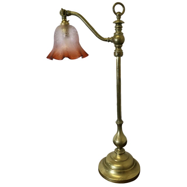 French Brass Desk/Table Lamp with Detailed Pink/Amber Glass Shade, 1890s For Sale