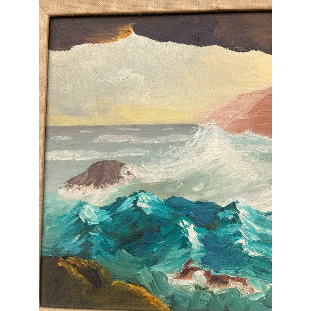 Impressionist 1970’s Original Rocky Seascape Painting Chunky Carved Wood Frame Signed For Sale - Image 3 of 5