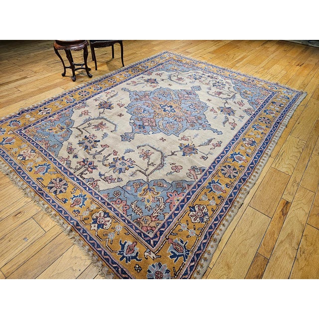 Textile Vintage Turkish Oushak Rug, Handwoven Geometric Pattern, Ivory & Blue, 8' x 11' For Sale - Image 7 of 18