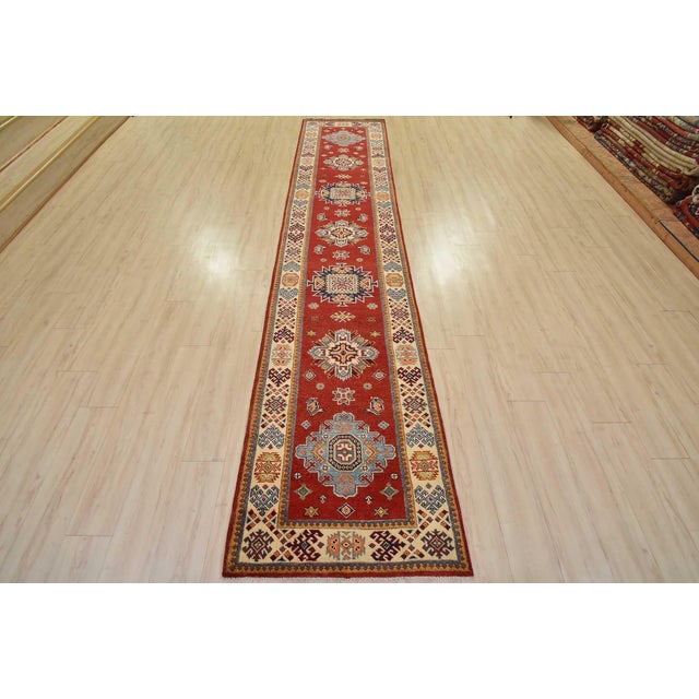 Cabin Kazak Runner 2’11” X 13’2” Red Wool Tribal Hand-Knotted Oriental Rug For Sale - Image 3 of 13