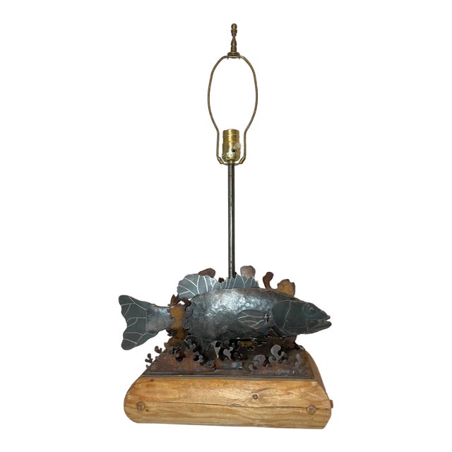 Vintage Handmade Folk Art Cut Sculpted Steel Metal Wood Figural Fish Table Lamp For Sale