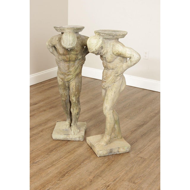 Mid 20th Century Vintage Pair Of Cast Stone 'Hercules' Figural Garden Statue Pedestals For Sale - Image 5 of 12