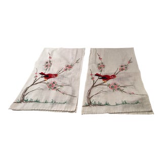 Vintage Hand Embroidered Bird Dresser Scarfs - a Pair For Sale