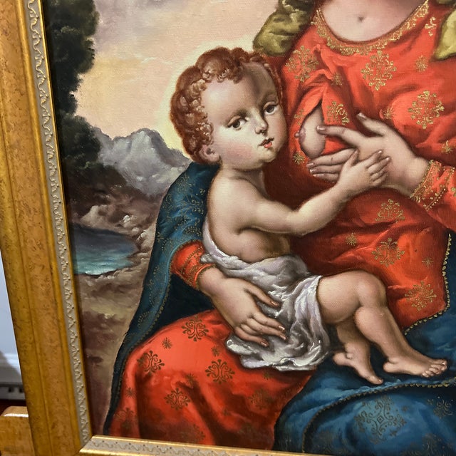 20th Century Oil on Canvas Cuzco School Signed Framed Madonna With Child For Sale In Washington DC - Image 6 of 11
