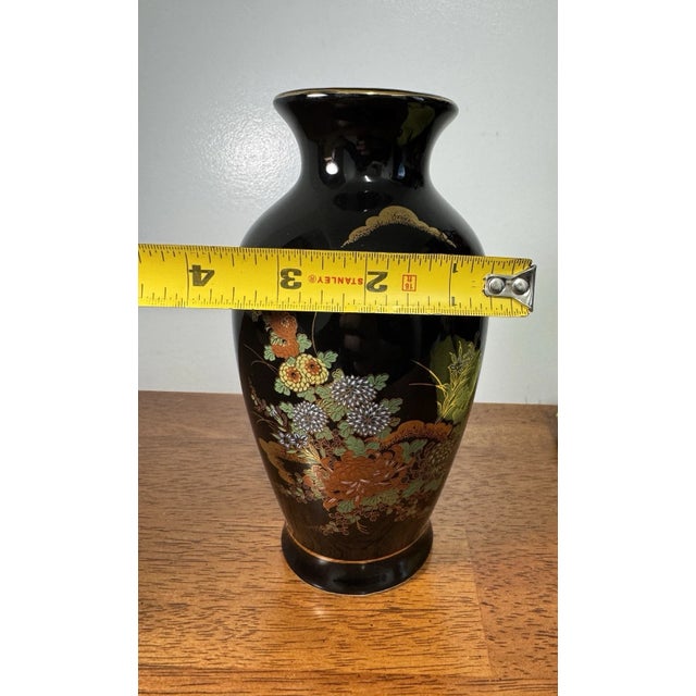 Japanese Hand Painted Vase 8” Black With Gold Rim & Floral Design Collectible For Sale - Image 10 of 10