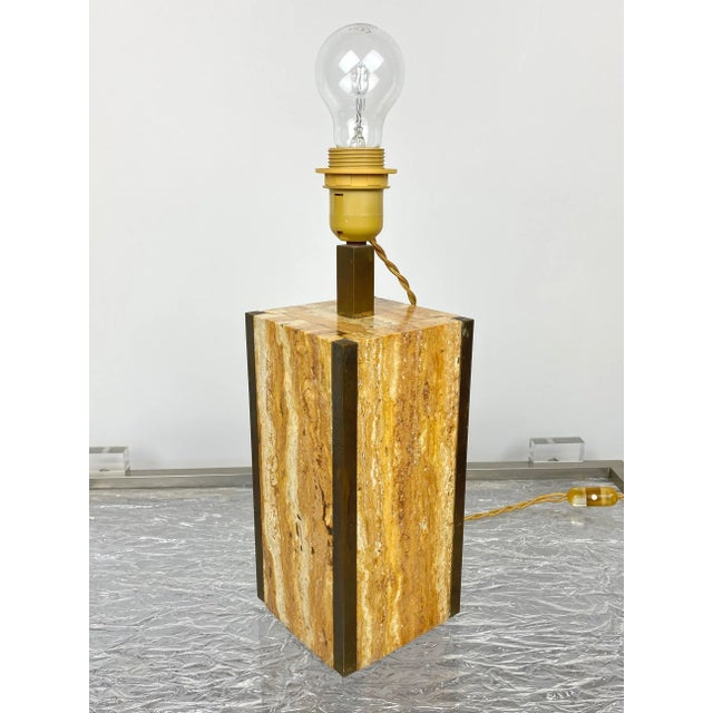 Travertine Walnut & Brass Table Lamp, Italy, 1970s For Sale - Image 6 of 8