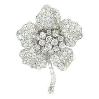 Platinum Diamond Flower Pin Brooch 9 Carat diamonds For Sale