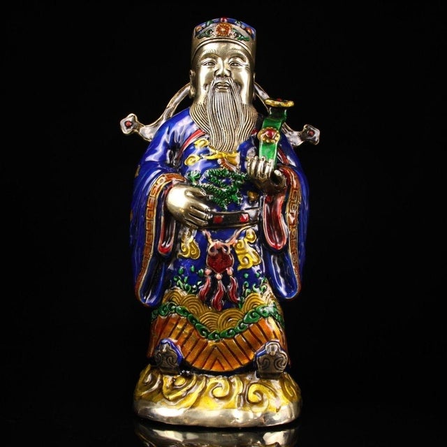 Late 19th Century Late 19th Century Set of 3 Gilt Bronze and Enamel Fu Lu Shou Statues, 1.8kg Each For Sale - Image 5 of 9