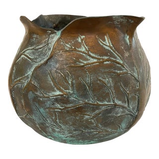 Vintage Japanese Leaf Motif Brass Planter Pot Vase For Sale