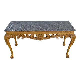 Chippendale Carved Marble Top Distressed Painted Console Entry Table For Sale