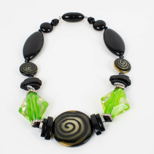 2000 - 2009 Angela Caputi Black and Green Resin Beaded Choker Necklace For Sale - Image 5 of 10