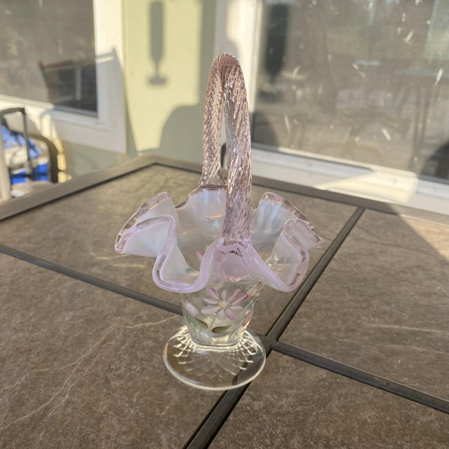 Fenton Art Glass Company Signed Hand Painted Fenton Art Glass Basket, Pink Opalescent Ruffled Edge, Signed S. Massey For Sale - Image 4 of 16