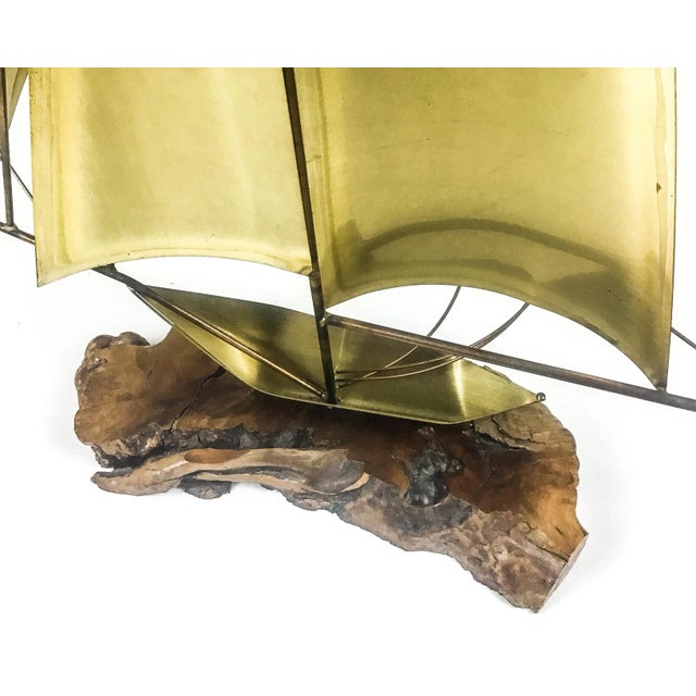 Wood Vintage Brass Wood & Copper Artisan Sailboat Sculpture For Sale - Image 7 of 13