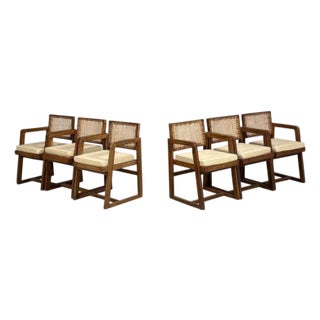 Pierre Jeanneret, Six Dining Chairs, Teak, Cane, Chandigarh, India, 1960s For Sale