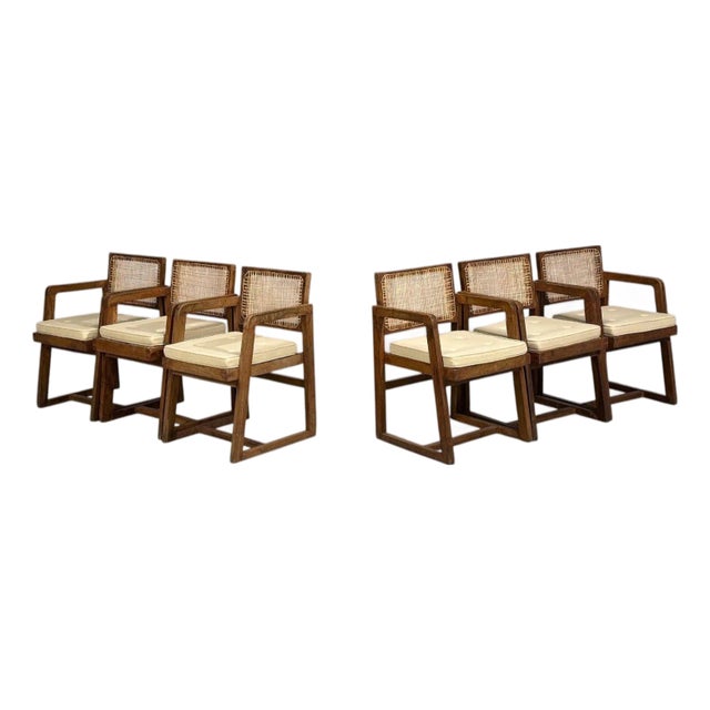 Pierre Jeanneret, Six Dining Chairs, Teak, Cane, Chandigarh, India, 1960s For Sale