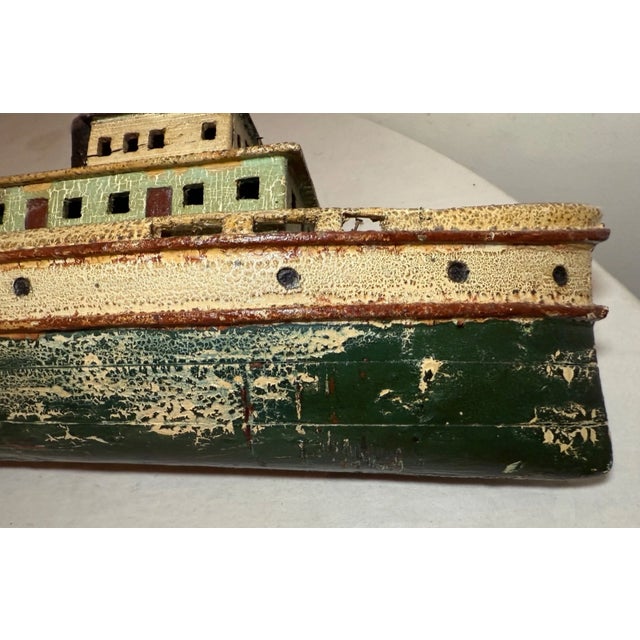 Rare Antique Handmade Carved Wood Folk Art Boat Model Tug Boat Ship Schiff For Sale - Image 15 of 18