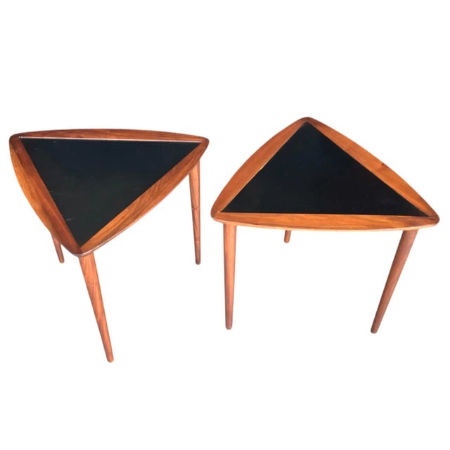 Pair of 1960s Danish Modern Teak Triangle End Tables With Black Laminate For Sale In Los Angeles - Image 6 of 13