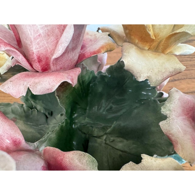 Ceramic 1960's Capodimonte Italian Porcelain Rose Flower Basket Centerpiece, Footed Rococo Floral Bouquet Sculpture For Sale - Image 7 of 11