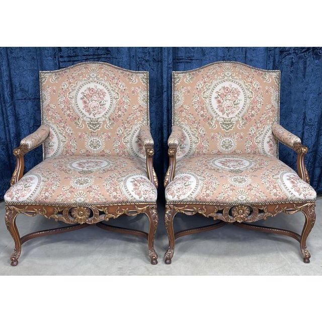 Pair of Ej Victor French Style Open Arm Library Chairs With a Floral Print Fabric For Sale - Image 12 of 13