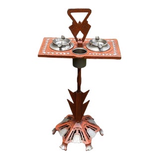 C1930 Antique Art Deco Cast Iron Smoking Stand With Rare Pink Glass Ashtrays For Sale